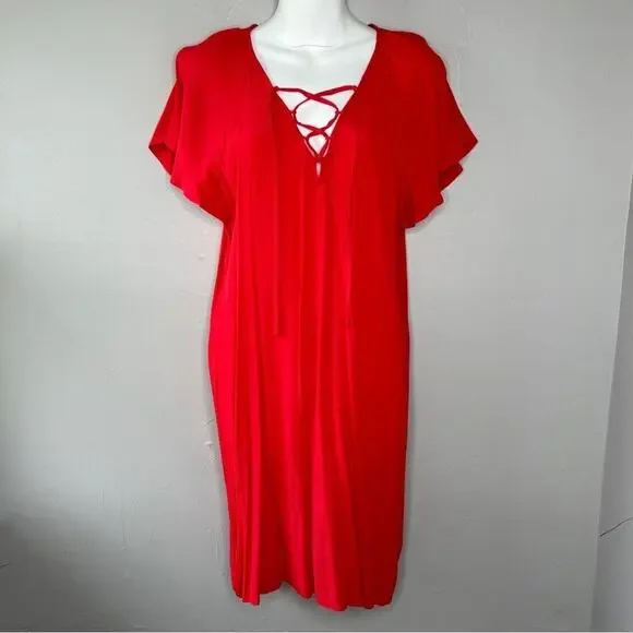MADEWELL Mini Dress Womens Size Medium Red Ruffle Sleeve Crepe Lightweight Flowy - Picture 2 of 7